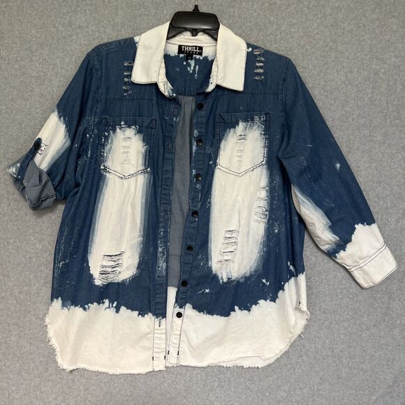 Thrill Jeans Womens Denim Shirt Size 2X Button Up Destroyed Distressed Grunge - Picture 1 of 14